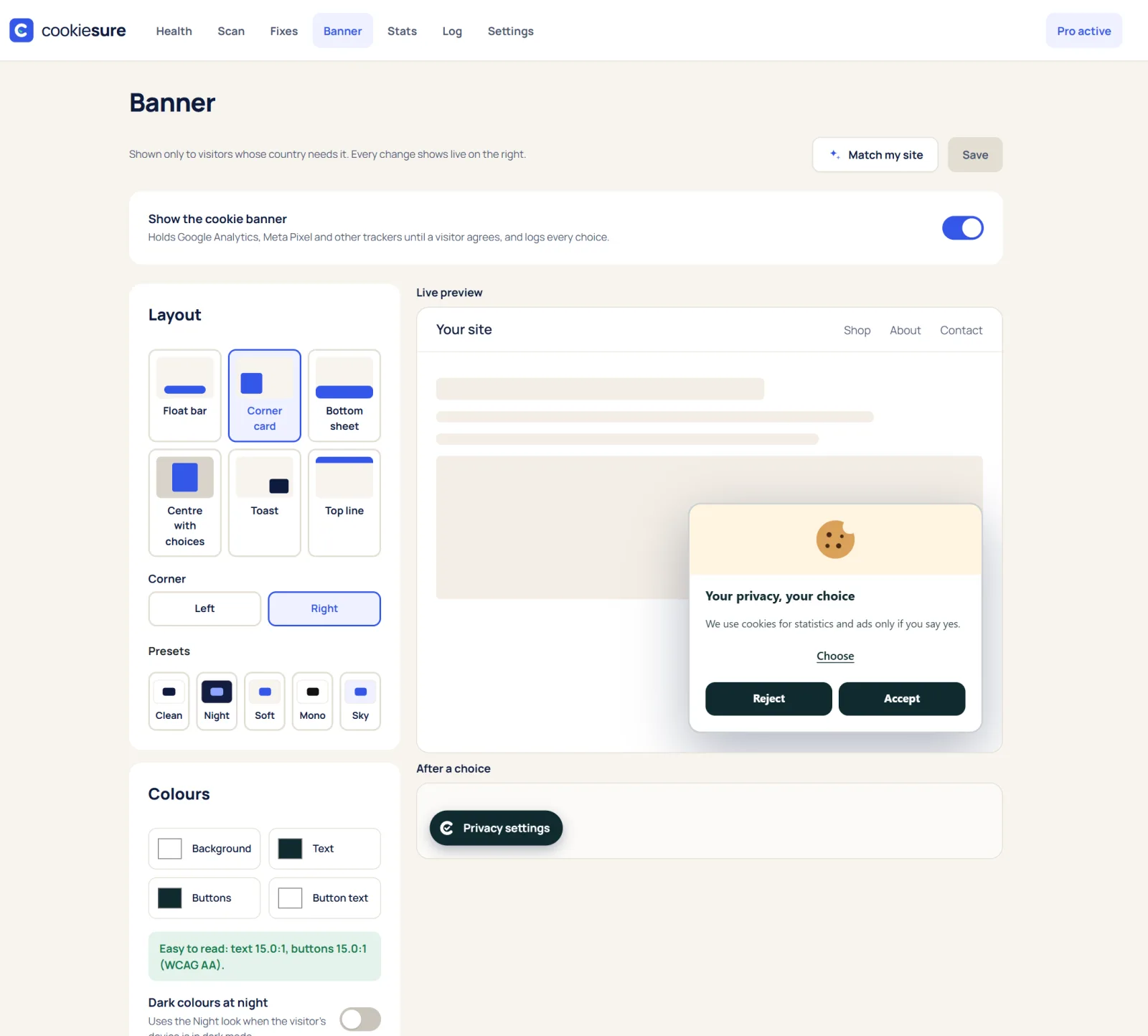 CookieSure cookie banner editor with layouts, colours and a live preview where Reject and Accept look the same