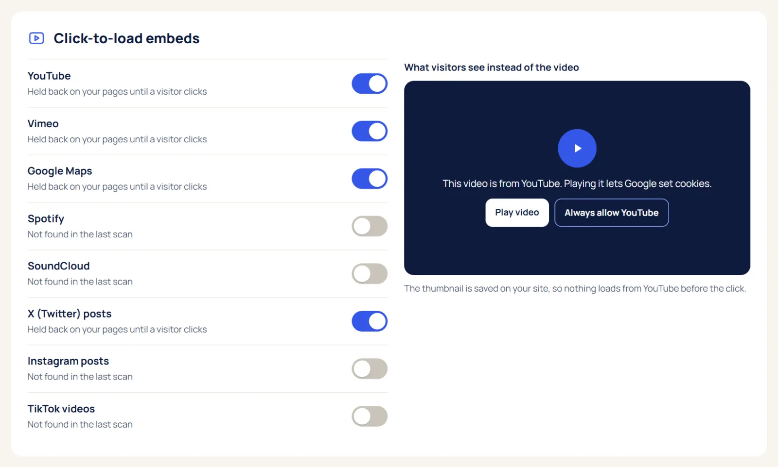CookieSure click-to-load settings and the placeholder visitors see instead of a YouTube video